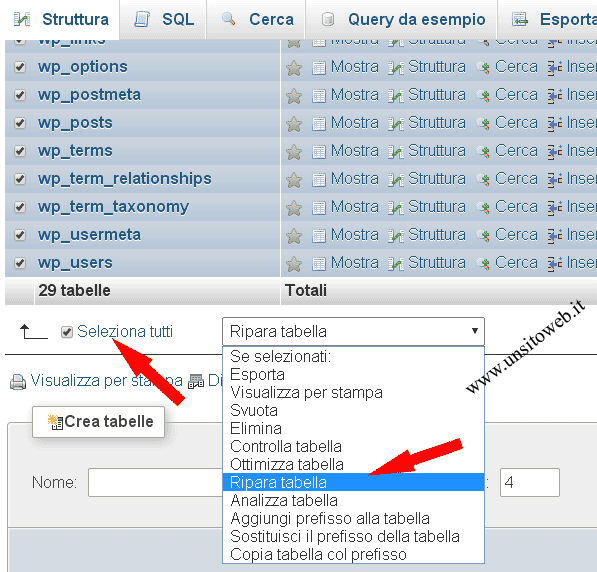 Ripara tabelle database wordpress