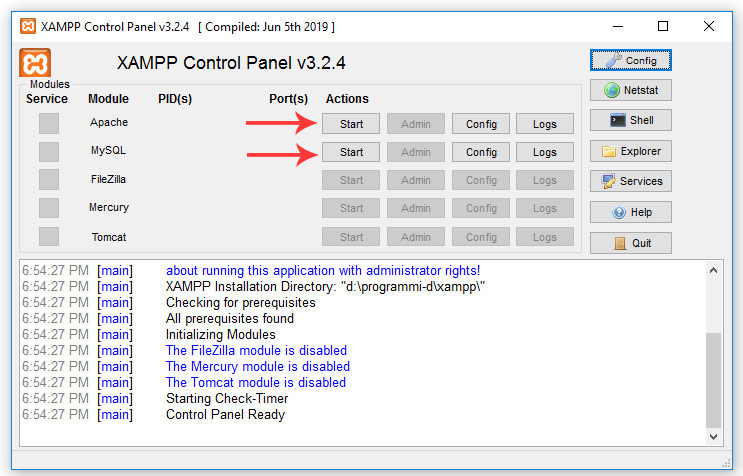 pannello controllo xampp