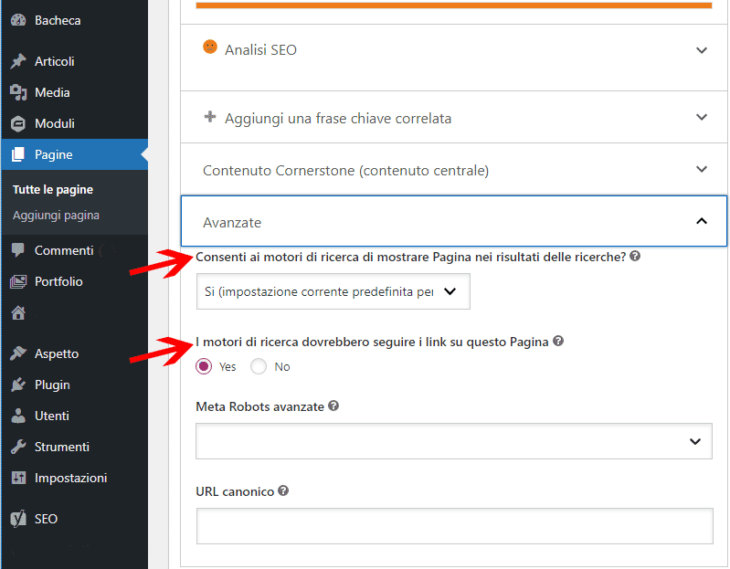 scheda avanzate yoast