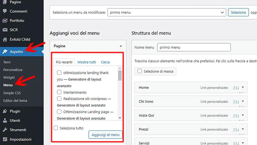 creare menu su wordpress