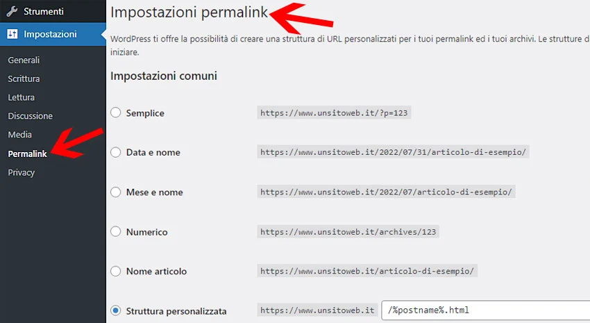 impostare permalink wp