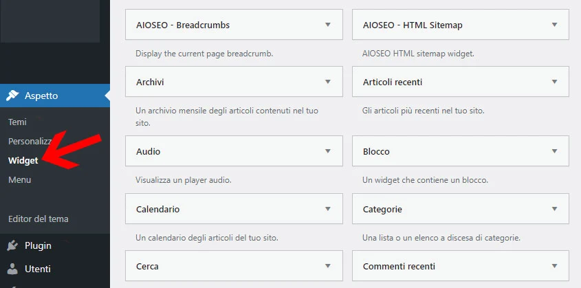 sezione widget wordpress