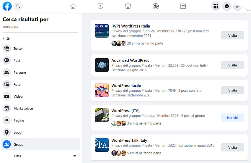 gruppi wordpress facebook