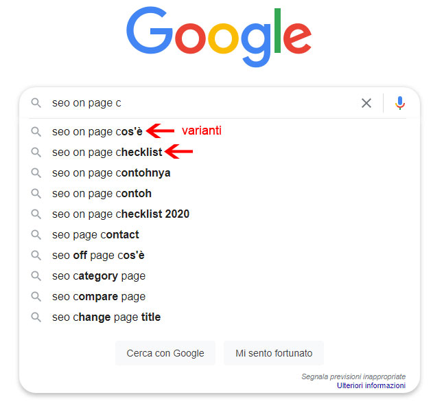 keywords varianti google