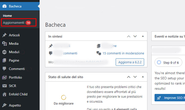 sezione aggiornamenti wordpress