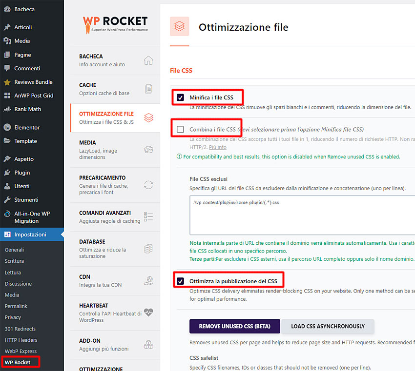 wp rocket ottimizzazione file