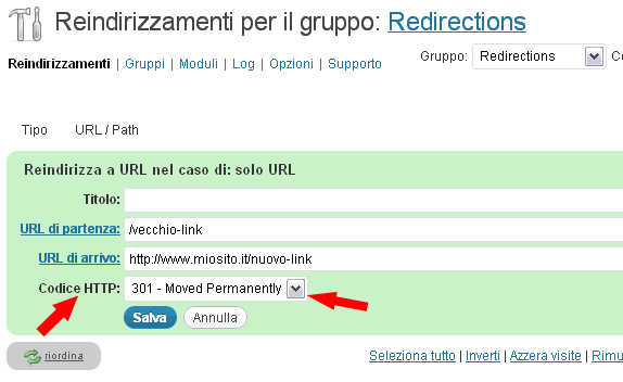 Modifica reindirizzamento