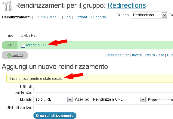 Redirect creato